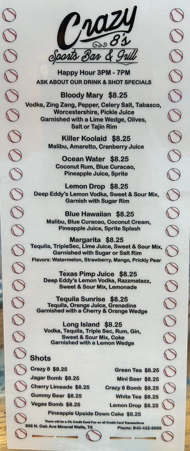Crazy 8s Sports Bar & Grill - Mineral Wells, TX menu_pic