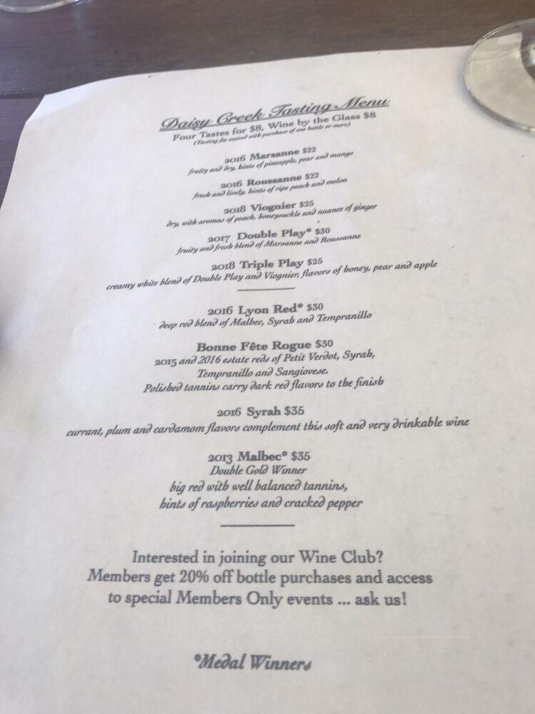Daisy Creek Vineyard Tasting Room - Jacksonville, OR menu_pic