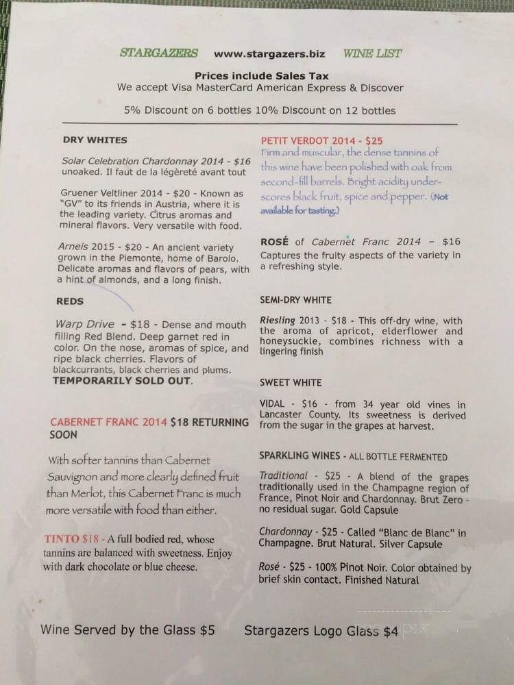 Stargazers Vineyard - Coatesville, PA menu_pic