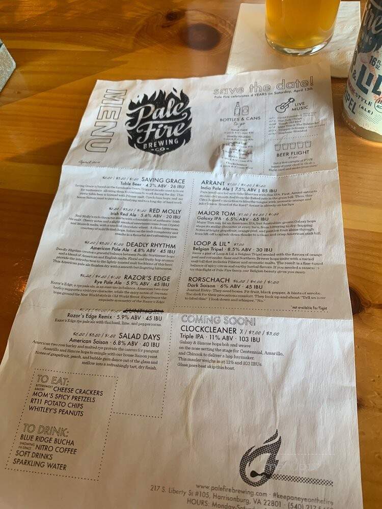 Pale Fire Brewing Co - Harrisonburg, VA menu_pic