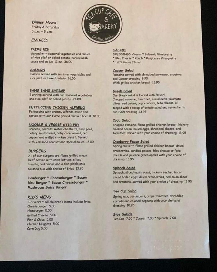 Tea Cup Cafe & Bakery - Challis, ID menu_pic