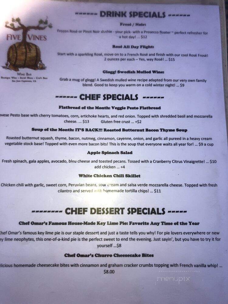 Five Vines Wine Bar - San Juan Capistrano, CA menu_pic