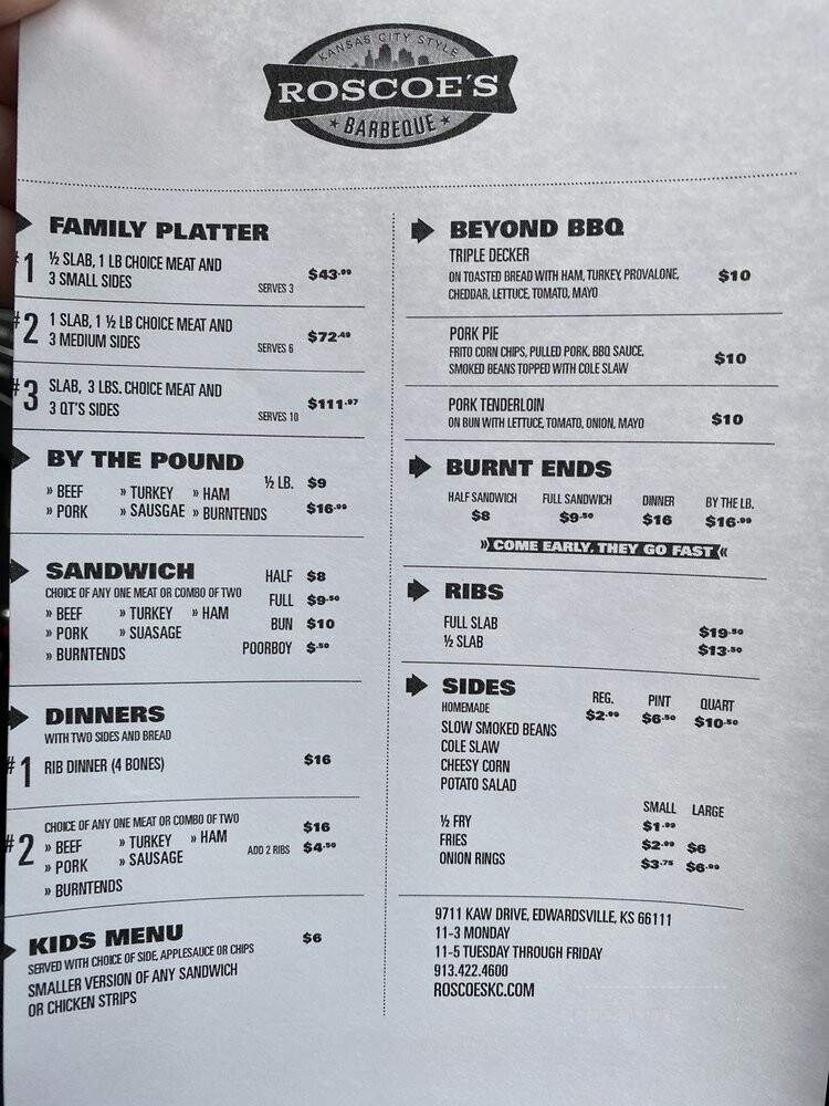 Roscoe's BBQ - Kansas City, KS menu_pic