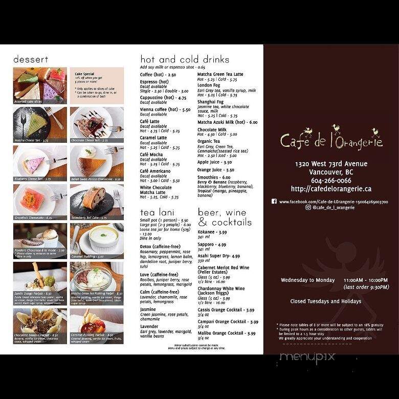 Cafe de l'Orangerie - Vancouver, BC menu_pic