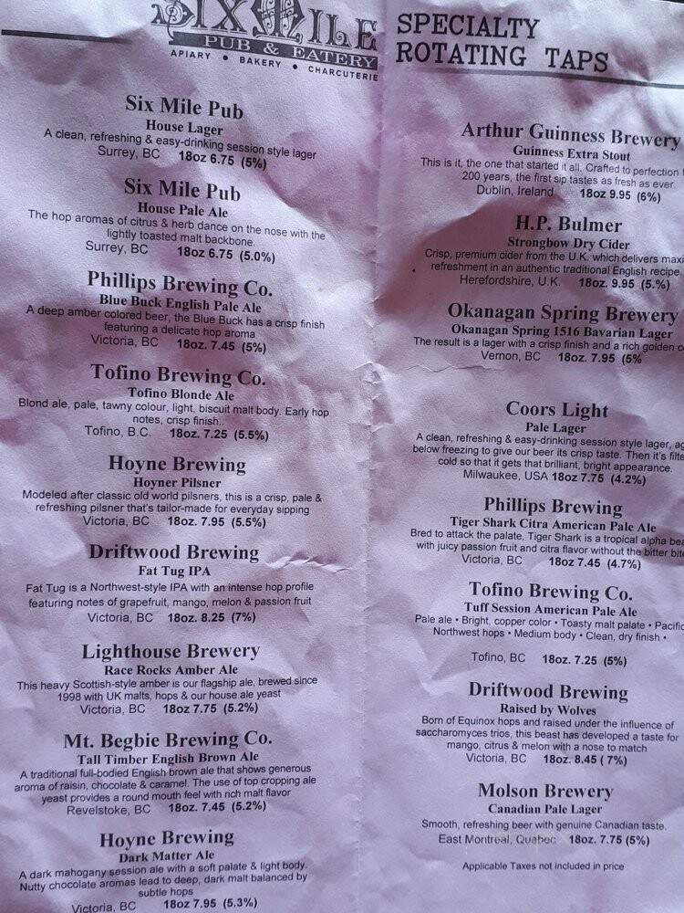 Six Mile Pub - View Royal, BC menu_pic