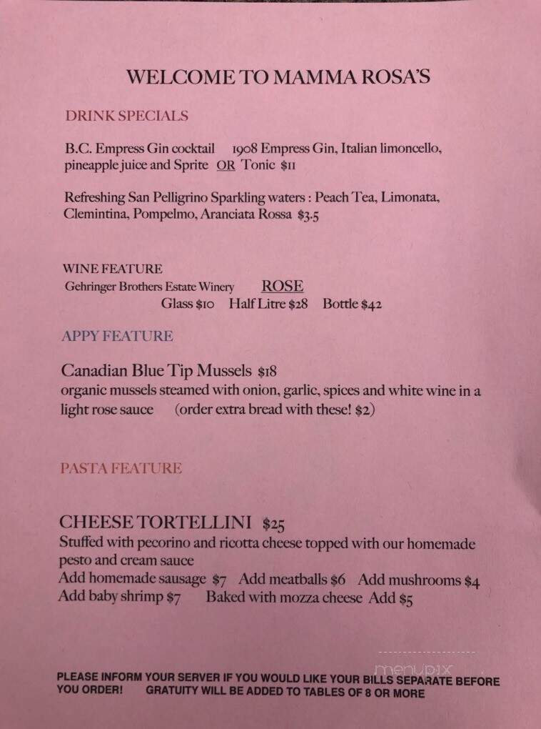 Mamma Rosa's Authentic Italian Restaurant - Kelowna, BC menu_pic