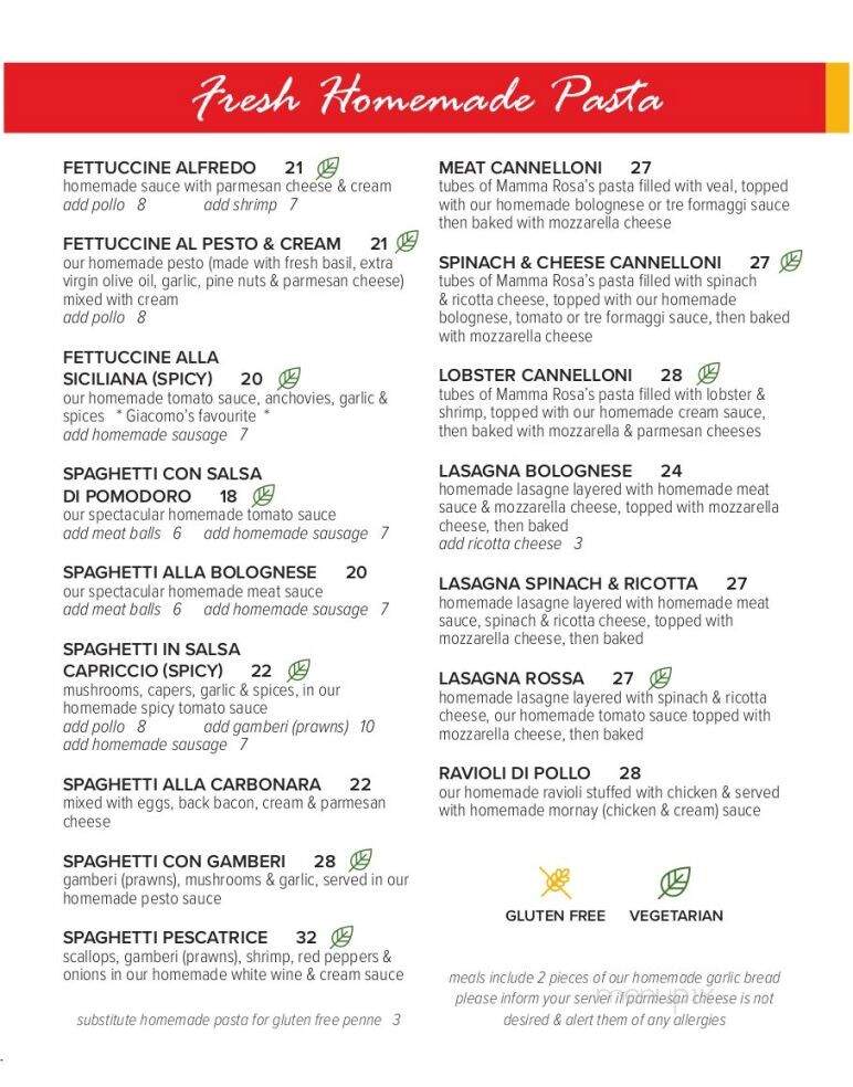 Mamma Rosa's Authentic Italian Restaurant - Kelowna, BC menu_pic