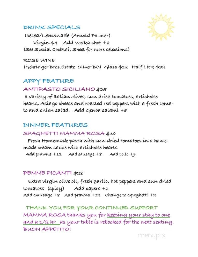 Mamma Rosa's Authentic Italian Restaurant - Kelowna, BC menu_pic