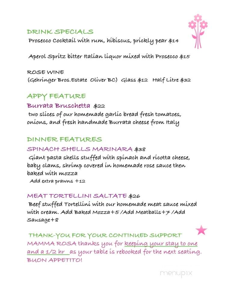 Mamma Rosa's Authentic Italian Restaurant - Kelowna, BC menu_pic