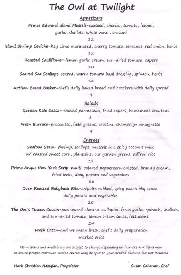 Owl At Twilight - Olmstedville, NY menu_pic