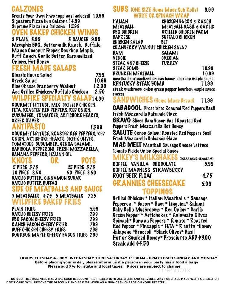 Wildfire Brick Oven Pizza - Mashpee, MA menu_pic