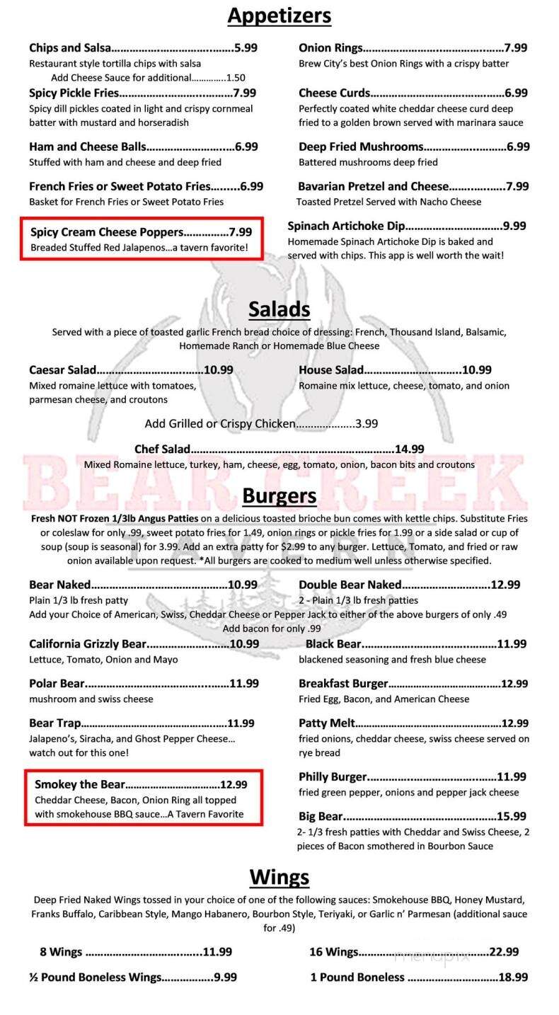 Bear Creek Tavern - Hinckley, MN menu_pic