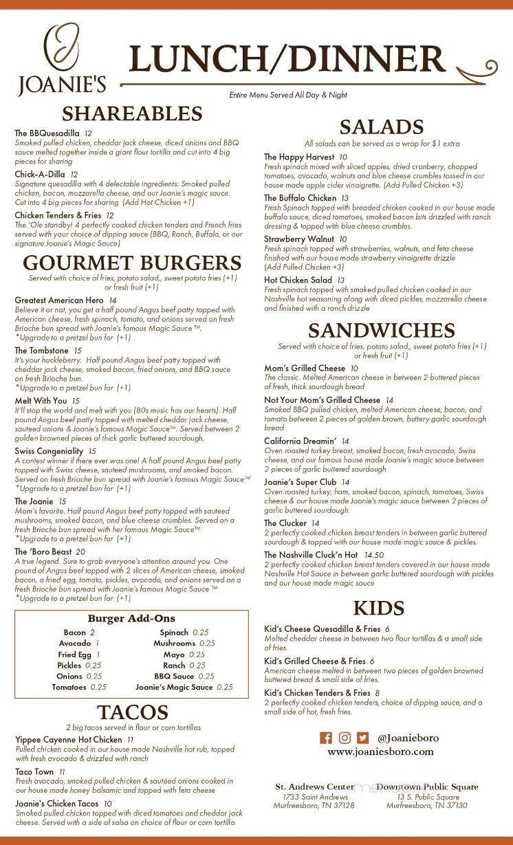 Joanie's Public Square - Murfreesboro, TN menu_pic