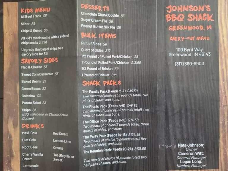 Johnson's BBQ Shack - Greenwood, IN menu_pic