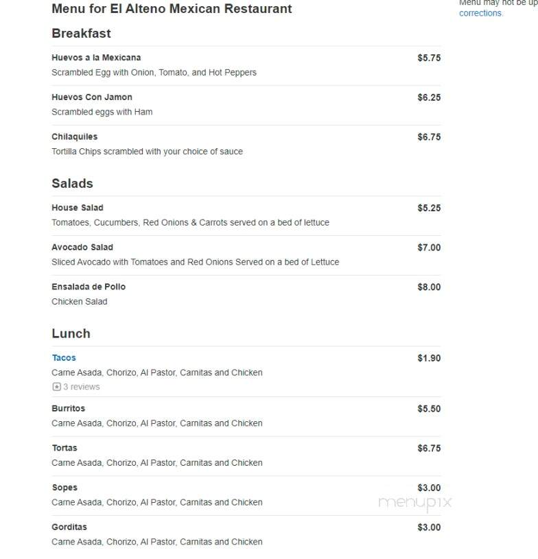 El Alteno Mexican Restaurant - Springfield, TN menu_pic