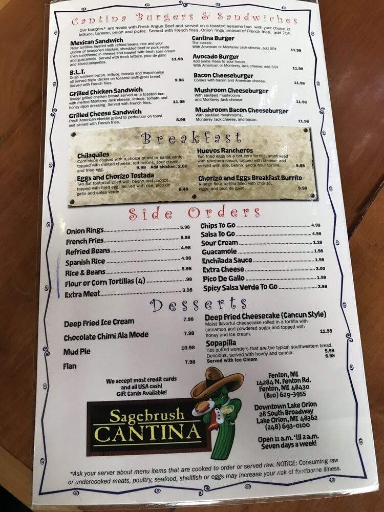 Sagebrush Cantina - Lake Orion, MI menu_pic