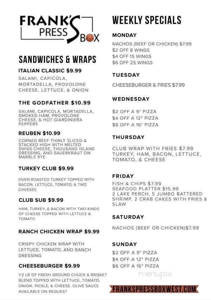 Frank's Press Box - Lansing, MI menu_pic