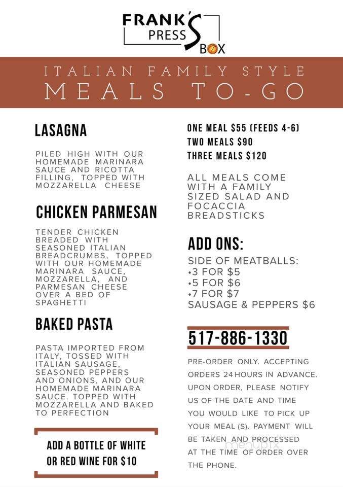 Frank's Press Box - Lansing, MI menu_pic