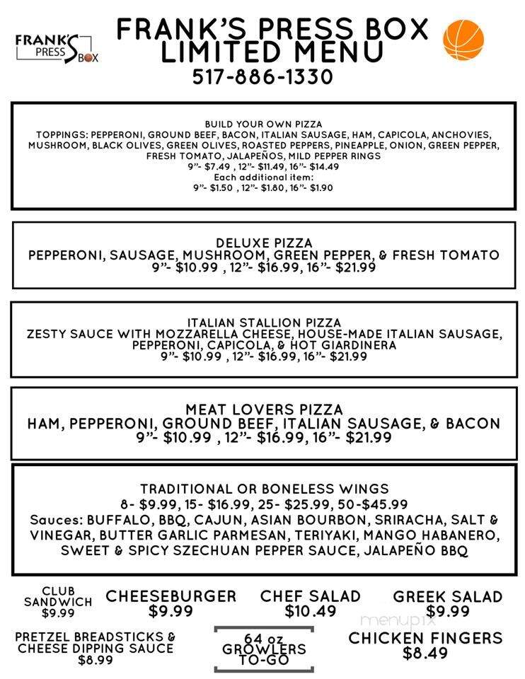 Frank's Press Box - Lansing, MI menu_pic