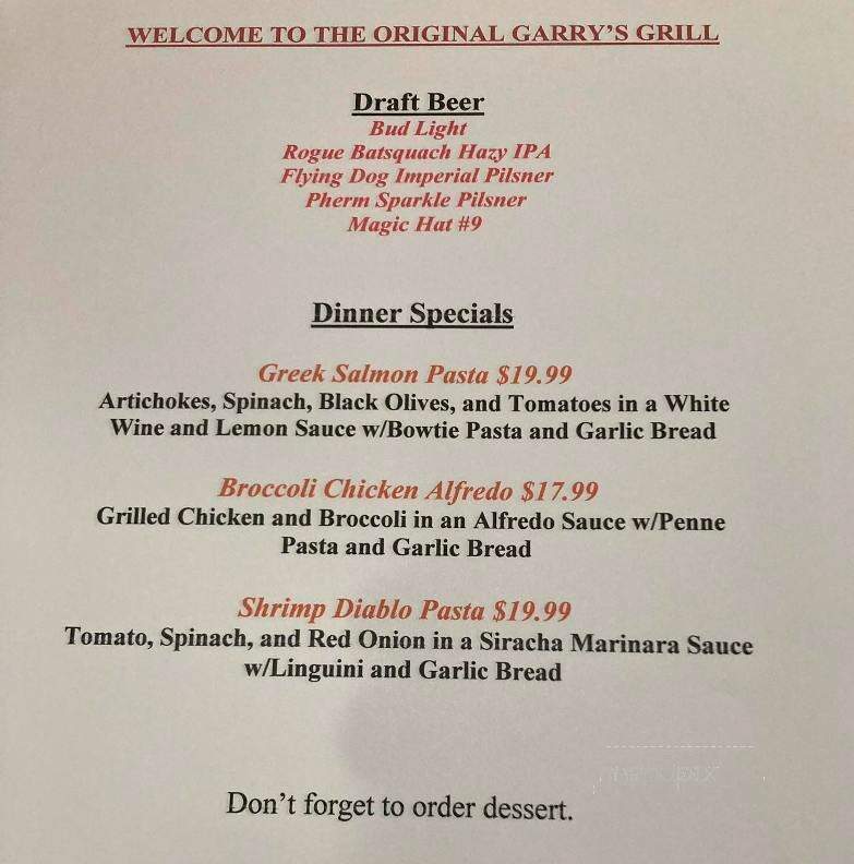 Garry's Grill - Severna Park, MD menu_pic
