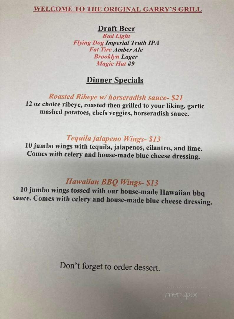Garry's Grill - Severna Park, MD menu_pic