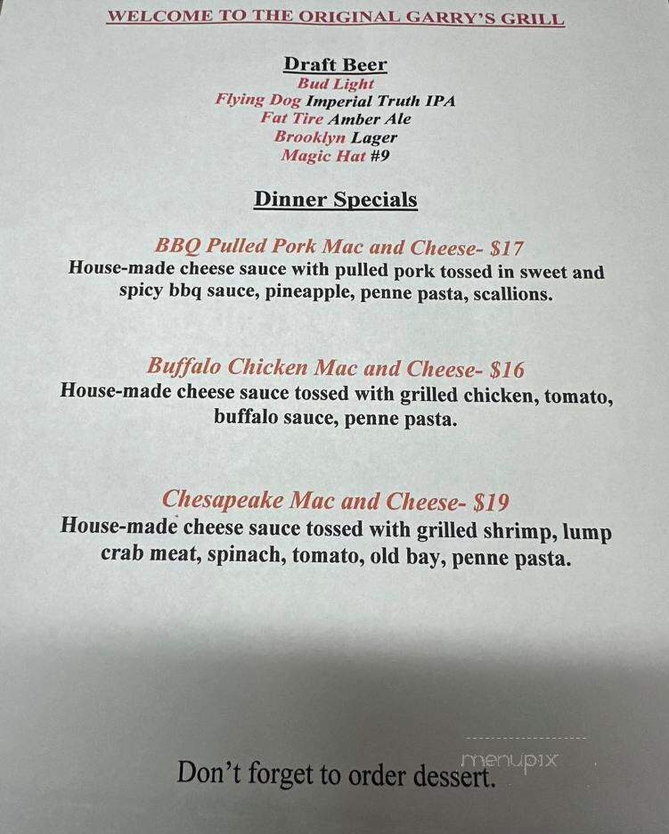 Garry's Grill - Severna Park, MD menu_pic