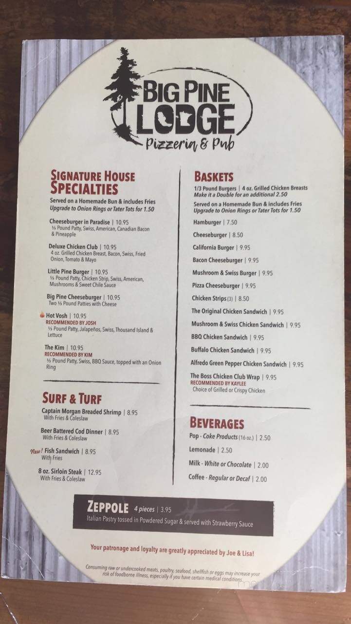 Big Pine Lodge - Perham, MN menu_pic