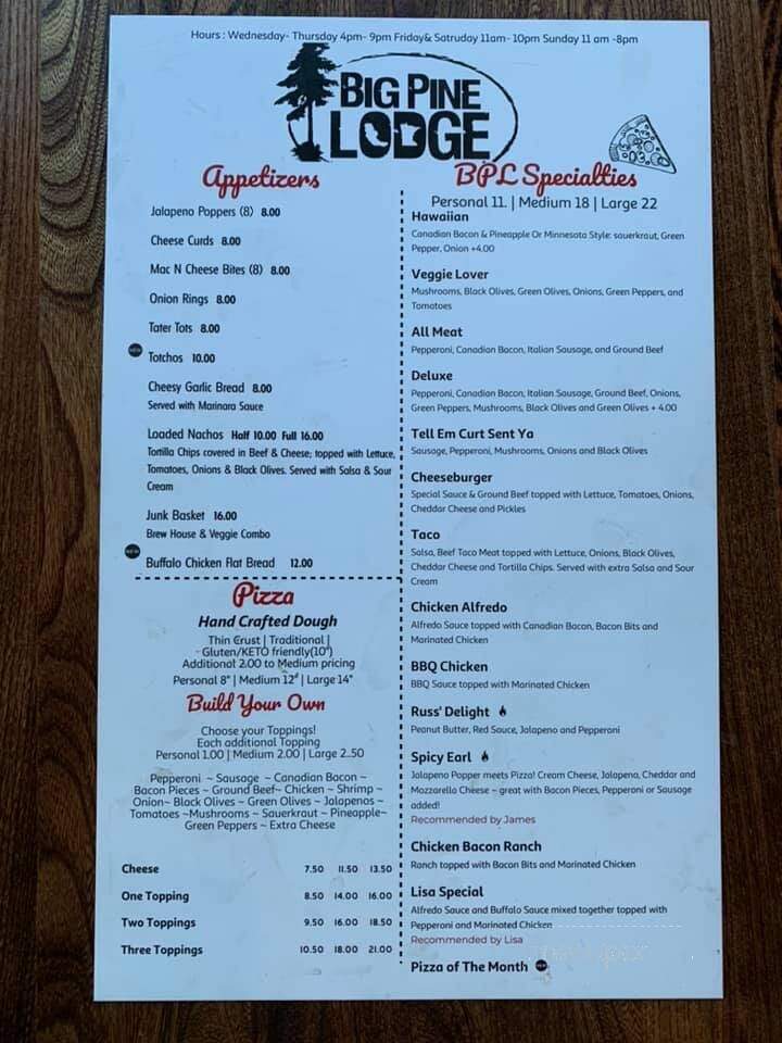 Big Pine Lodge - Perham, MN menu_pic