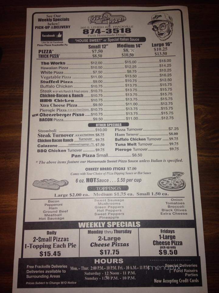 Pizza's Place - Frackville, PA menu_pic