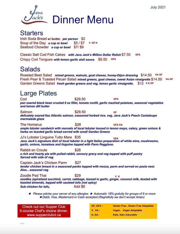Java Jack's - Rocky Harbour, NL menu_pic