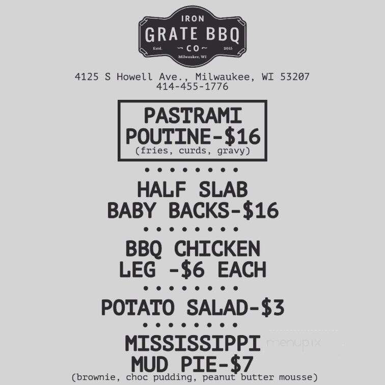 Iron Grate BBQ - Milwaukee, WI menu_pic