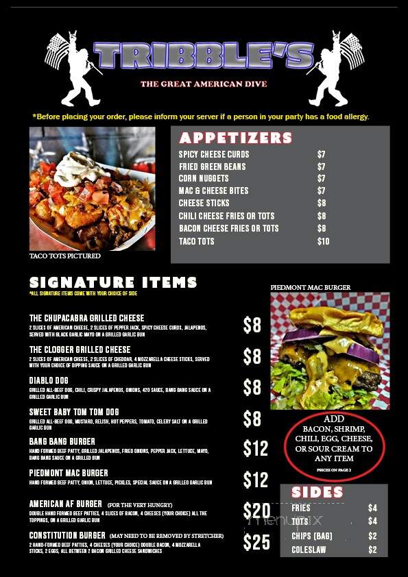 Tribble's Bar & Grill - Piedmont, SC menu_pic