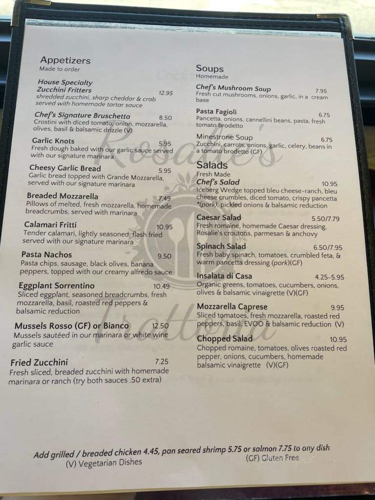 Rosalie's Trattoria - Wilmington, NC menu_pic