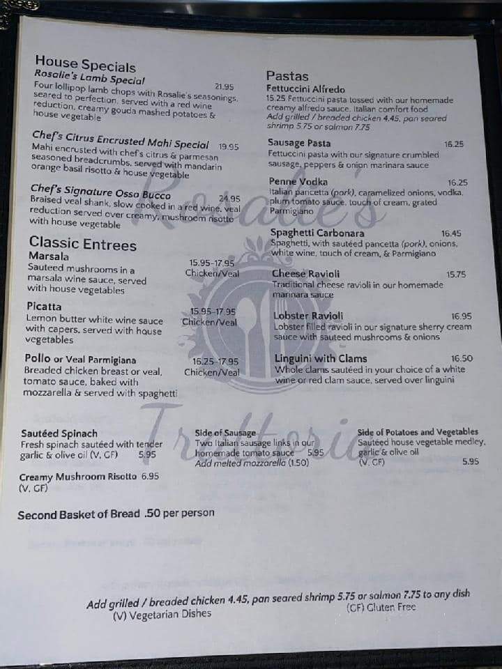 Rosalie's Trattoria - Wilmington, NC menu_pic