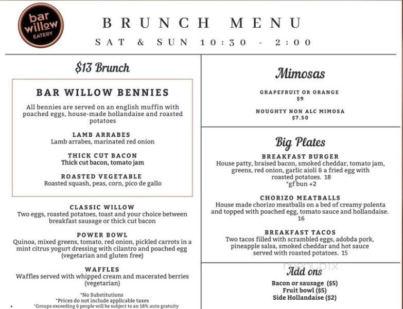 Bar Willow Eatery - Regina, SK menu_pic