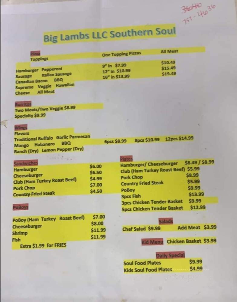 Big Lamb's Southern Soul - Ferriday, LA menu_pic