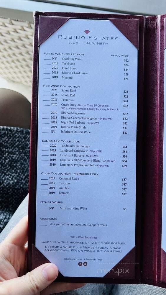 Rubino Estates Winery - Pleasanton, CA menu_pic
