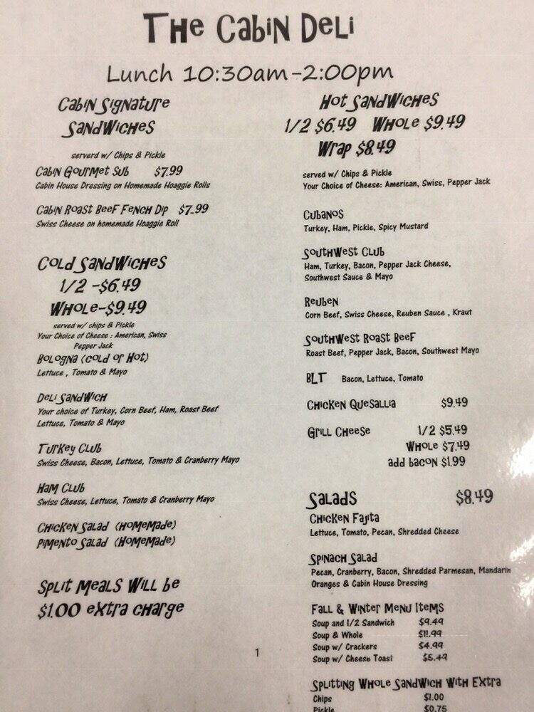 The Cabin Deli - Kuttawa, KY menu_pic