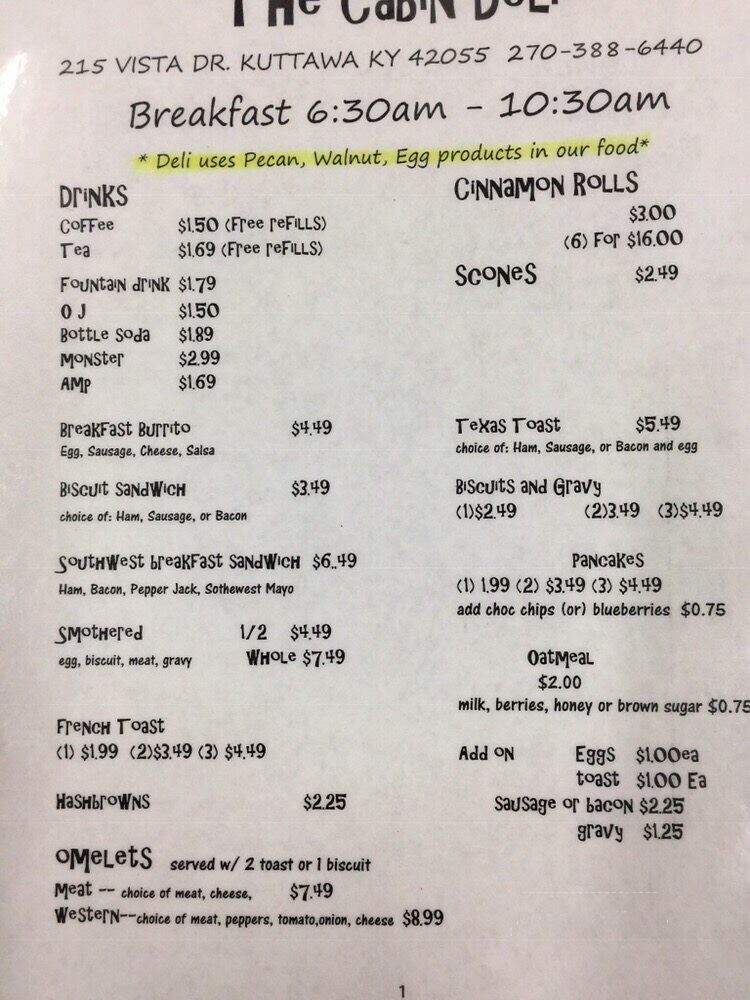 The Cabin Deli - Kuttawa, KY menu_pic