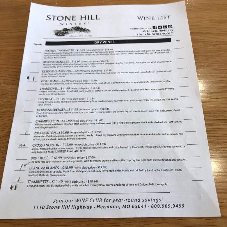 Stone Hill Winery - Hermann, MO menu_pic