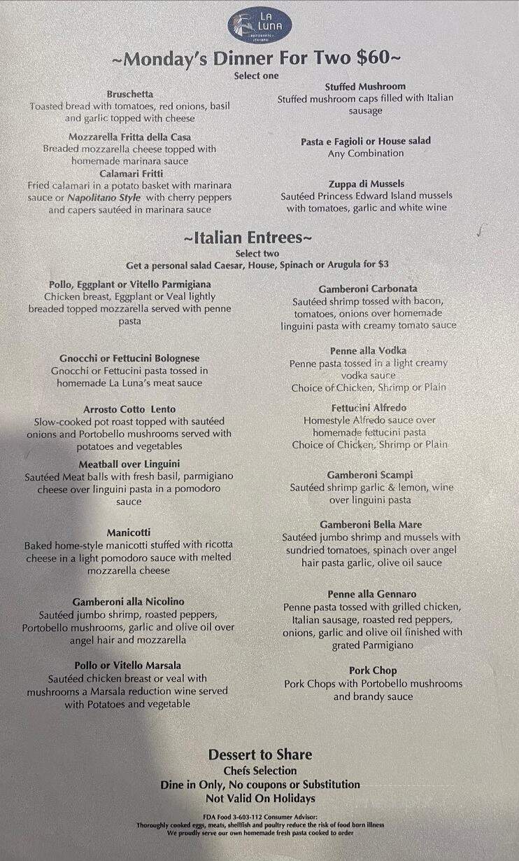 La Luna Ristorante - New London, CT menu_pic