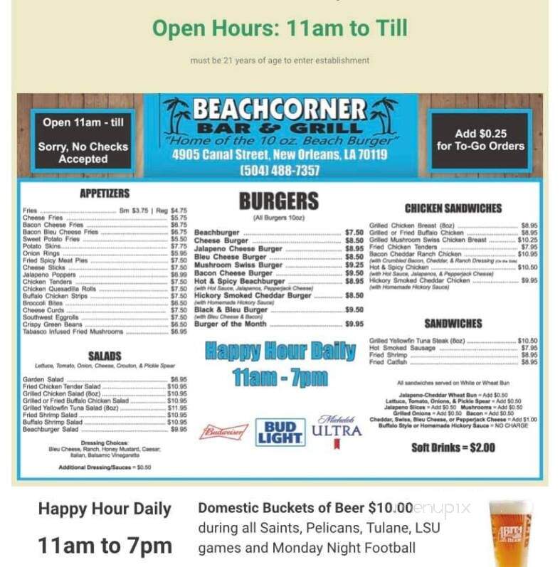 Beachcorner Bar & Grill - New Orleans, LA menu_pic