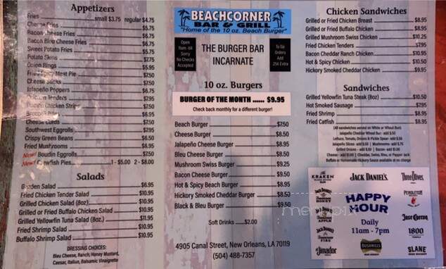 Beachcorner Bar & Grill - New Orleans, LA menu_pic