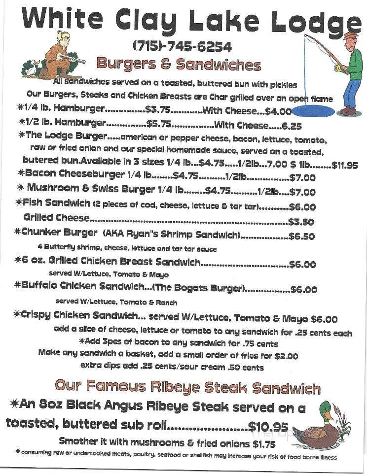 White Clay Lake Lodge - Cecil, WI menu_pic