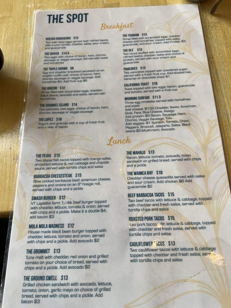 The Spot - Burlington, VT menu_pic