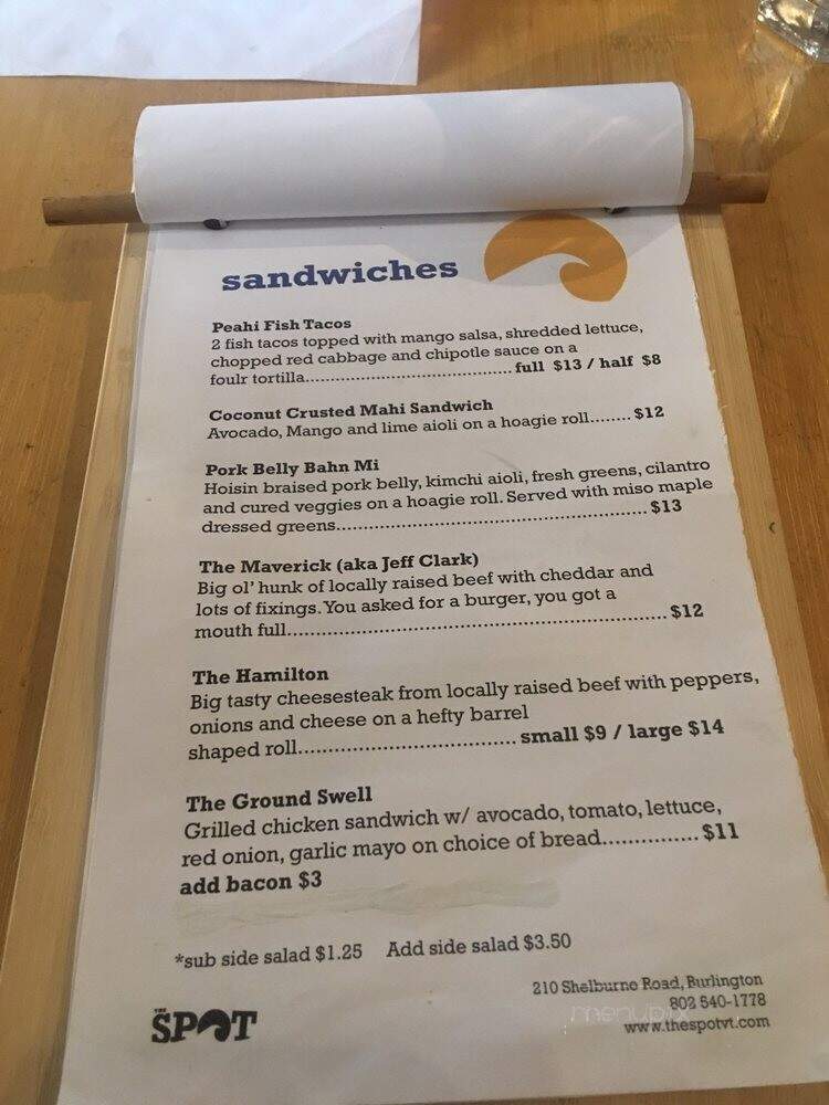 The Spot - Burlington, VT menu_pic