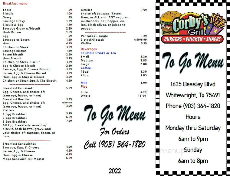 Corbys grill - Whitewright, TX menu_pic