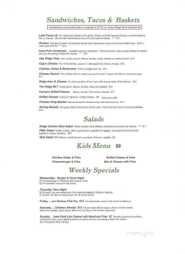 Oakridge Inn - Webb Lake, WI menu_pic