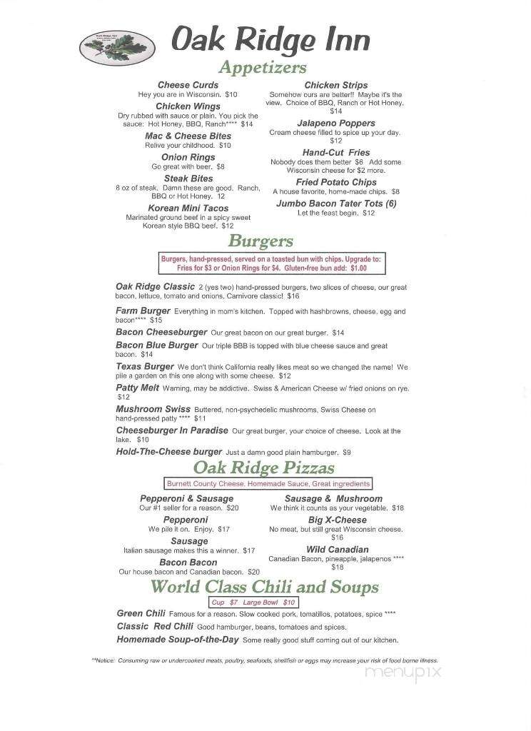 Oakridge Inn - Webb Lake, WI menu_pic