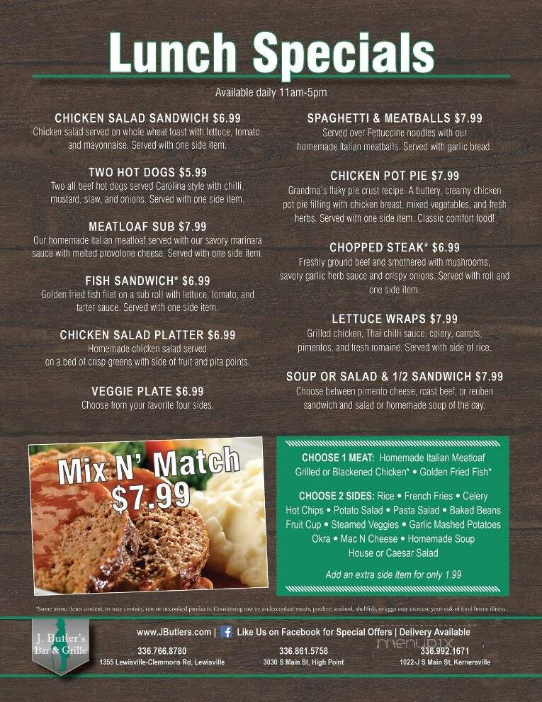 J Butler's Bar & Grill - High Point, NC menu_pic